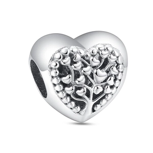 S925 sterling silver heart bead charm with hollow tree of life pattern and red hearts