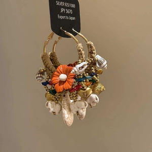 Bohemian 925 silver hoop earrings with woven cord, shell charms and colorful beads