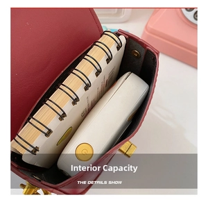 Internal view of a red pebbled leather mini crossbody bag holding a small notebook