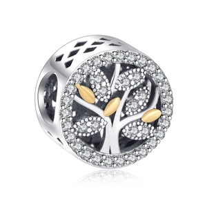 S925 sterling silver Family Tree charm with white gems and golden leaves on white background