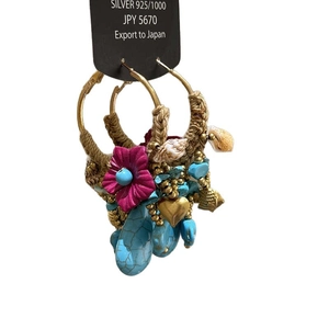 Bohemian colorful flower tassel hoop earrings with turquoise and natural seashells