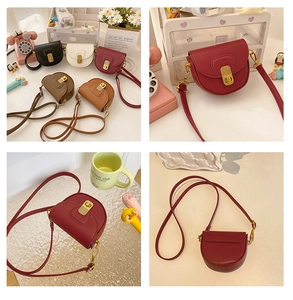 Detail view showing multi-color mini saddle bags with gold buckles in four-grid layout