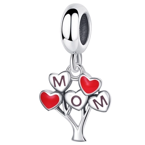 S925 sterling silver heart tree charm with red enamel and MOM lettering on white background