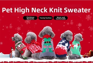 Detail of five festive Christmas pet sweaters featuring knit holiday patterns and turtleneck