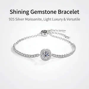 925 Sterling Silver Moissanite Tennis Bracelet For Women Adjustable Square Halo Zirconia Sparkling Elegant Bridal Jewelry Gift