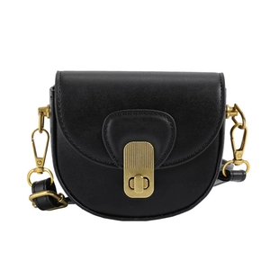 Classic black saddle bag for girls with vintage bronze clasp and adjustable shoulder strap