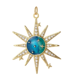 Pendentif étoile bohème en or avec émail dégradé bleu-vert et zircons brillants