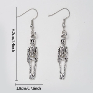 Gothic silver skull drop earrings with full body skeleton design and 6.2cm length