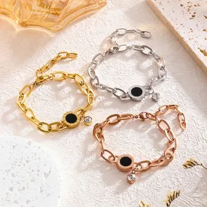 Women Titanium Steel Roman Numeral Bracelet Round Black Pendant Rhinestone Inlaid Link Chain Fashion Jewelry Hand Ornament