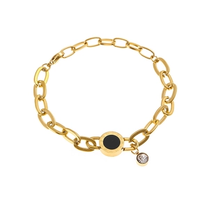 Golden stainless steel chain bracelet with Roman numeral disc and crystal pendant