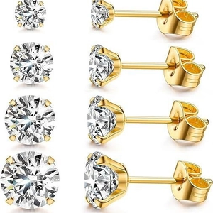 Four-prong stainless steel zircon stud earrings set in gold finish with multiple sizes