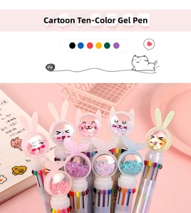 Detail of cartoon 10-color ballpoint pen with glitter sequins and animal-shaped toppers