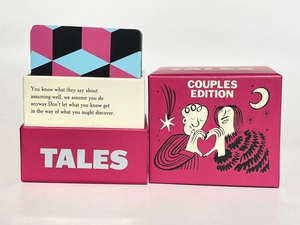 Detail of Tales Couples Edition game cards set with pink box and geometric pattern cards