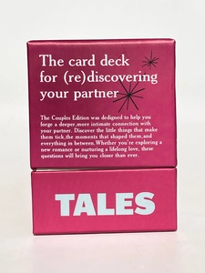 Detail of TALES Couples Edition card game box with English prompt text on pink packaging