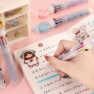 Cartoon 10-color retractable ballpoint pen with sequins and cute illustration for journaling