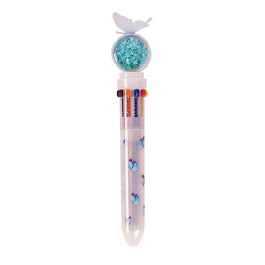 Cartoon 10-color shuttle pen with blue butterfly design and sequin globe topper