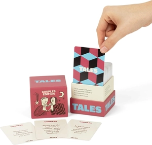 Close-up of Tales Couples Edition card game box with English conversation cards inside