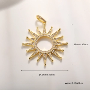 Detail of gold sun pendant with dimensions 37mm x 34.5mm and cubic zirconia stones