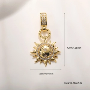Detailed view of gold-plated sun pendant with white zircon inlays and dimensions