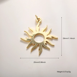 Macro view of gold-plated sun pendant with dimensions 29mm by 25mm for jewelry DIY