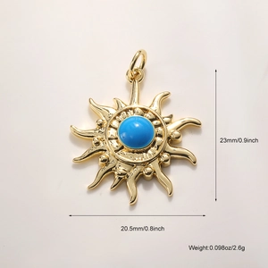 Detailed size specifications of sun-shaped gold pendant with blue stone inlay
