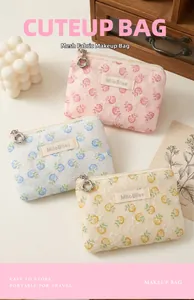 Detailed lace texture and silver flower zipper pull on portable makeup bags