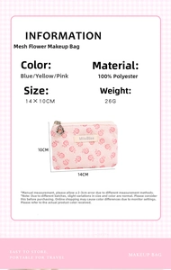 Macro detail of pink floral lace makeup bag showing polyester texture and brand label