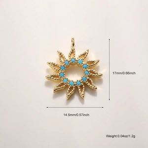 Detail of sun-shaped gold plated pendant with blue turquoise beads and size dimensions