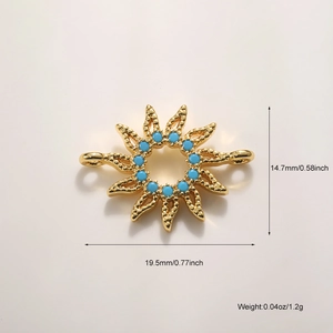 Detailed view of gold sun pendant charm with blue stone inlay and size dimensions