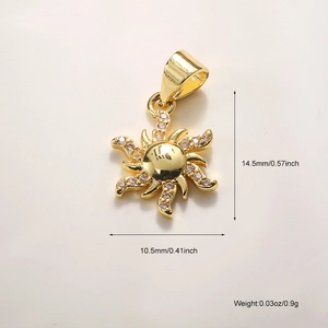 Detailed view of gold-plated sun pendant with dimensions 14.5mm x 10.5mm and zircons
