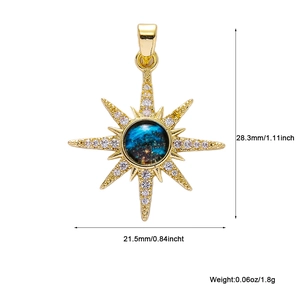 Detail view of gold sunburst pendant with blue star stone and precise measurements