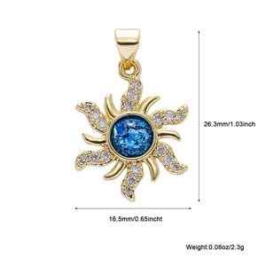 Detailed view of sunburst pendant with blue stone and crystals including dimensions