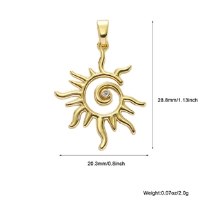 Detailed view of bohemian gold sun pendant charm with size dimensions and spiral pattern