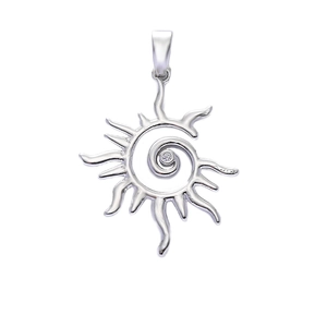 Macro view of silver sun pendant with spiral rays and a small center zircon stone