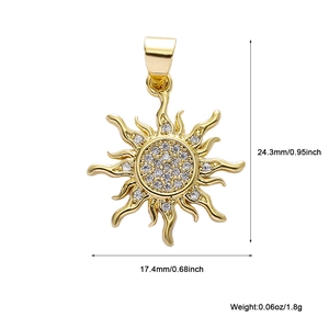 Detailed dimensions of a gold sun pendant with cubic zirconia and wavy ray patterns