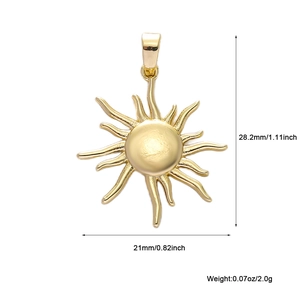 Detailed view of gold-plated sun pendant with precise height and weight measurements