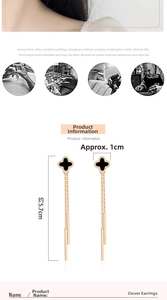 Detail view of rose gold clover tassel earrings with dimensions 5.7cm and 1cm width