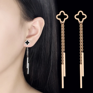 Trendy Clover Drop Earrings With Long Tassels Copper Zirconia Black Drip Oil Rose Gold Silver Plated Elegant Fashion Jewelry For Women