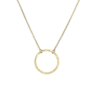 Minimalist stainless steel necklace featuring a hammered gold circular pendant on an O-chain