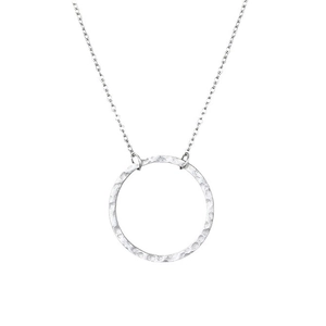 Minimalist stainless steel necklace with a hammered round pendant on a fine silver chain