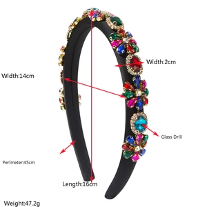 Baroque padded headband with colorful rhinestones and size dimensions on white background