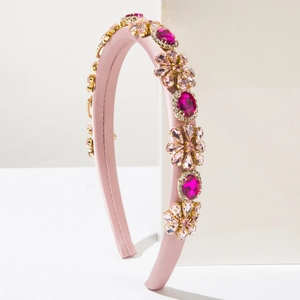Baroque style pink satin headband with colorful rhinestones and floral crystal pattern