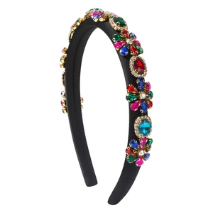 Luxury Baroque headband with colorful rhinestones on black fabric for parties