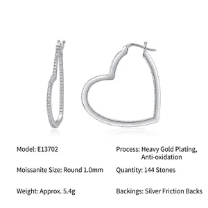 Elegant S925 sterling silver heart-shaped hoop earrings set with 144 moissanite stones