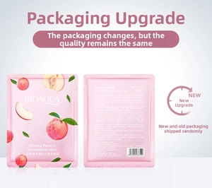 Detail view of BIOAQUA Peach Hexapeptide mask packaging showing front and back info