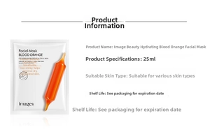 Detail view of 25ml blood orange sheet mask with moisturizing benefits and ingredients