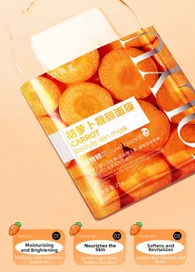 Macro detail of carrot sheet mask showing rich essence and hydrating texture on orange pack