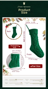 Detailed sizing guide showing 53cm knitted Christmas stocking measurements and fabric specs