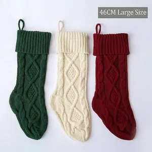 Knit Christmas stockings set in green white and red 46cm large size holiday hanging decor