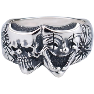 Gothic dual-faced clown ring in vintage oxidized silver finish with skull mask design